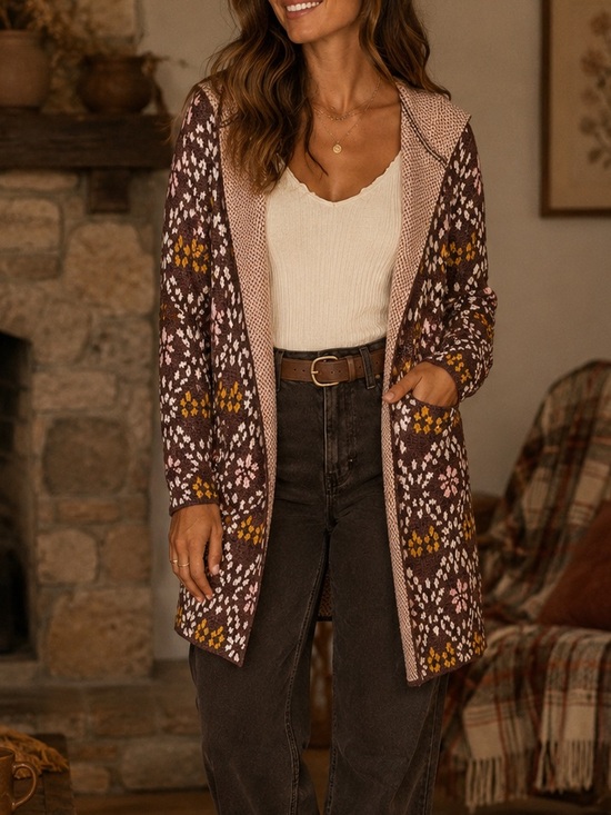 By Design Sweaters - By Design-NWT Brown Floral Hooded Cardigan Size Medium